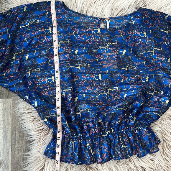 NWT Free People Blue Metallic Print Semi-Sheer Peplum Blouse Small Reg. … - Picture 10 of 11